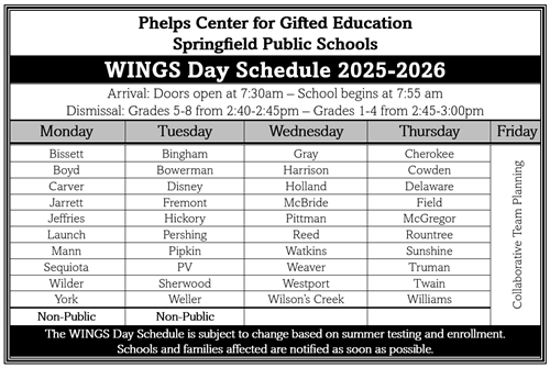 WINGS Day Schedule 2025-2026. For questions, please call the Phelps Office.